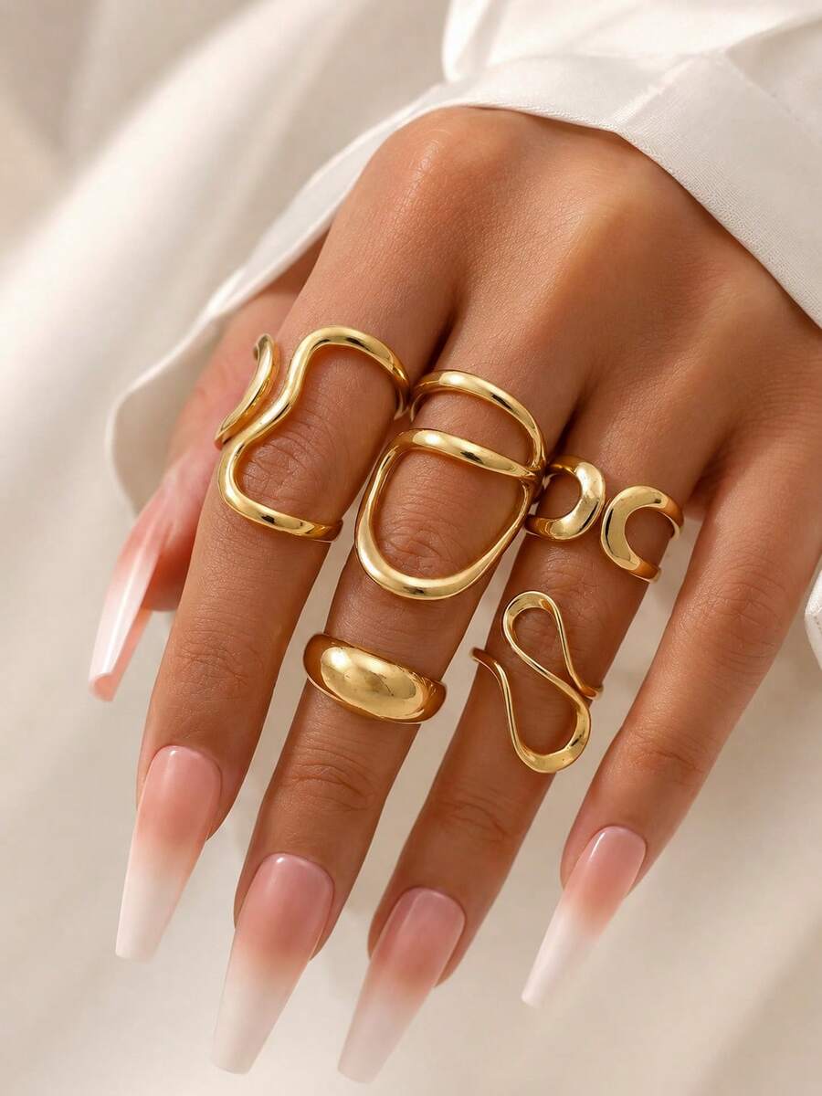 Set de 5 anillos con diseño geométrico de moda para mujeres - Amarillo Oro - Ver 1