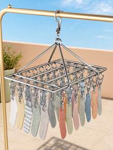 1Pc Foldable Rotating Clothes Drying Rack, Hanging Design For Balcony, Closet Storage Hanger, Ideal For Drying Socks, Underwear, Scarves And Towels, Must-Have For Balcony, Dorm, Indoor & Outdoor Use, Perfect Holiday & Christmas Gift - Silver - View 6