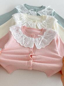 Baby Girl Pink Lace Collar Bow Knitted Cardigan, Soft And Gentle Long Sleeve Outerwear Sweater For Spring And Autumn - Pink - View 4