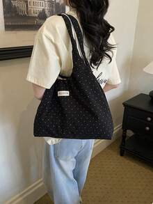 Dedoo Bolso de lona con estampado de lunares, bolso de hombro plegable para estudiantes con diseño de cordón de nube con volantes - Negro - Ver 11
