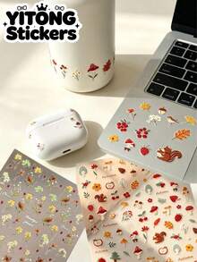 2 Peças Adesivos de Esquilo da Floresta de Outono, Folha de Bordo e Cogumelo, Adesivos à Prova d'Água de Frutas Silvestres & Flores para Laptop, Estojo de Fone de Ouvido, Garrafa de Água, Material Decorativo de Papel para Produto Digital Adulto Estilo Curativo, Idade Adequada 18+ - Esquilo estilo floresta - Visão 1