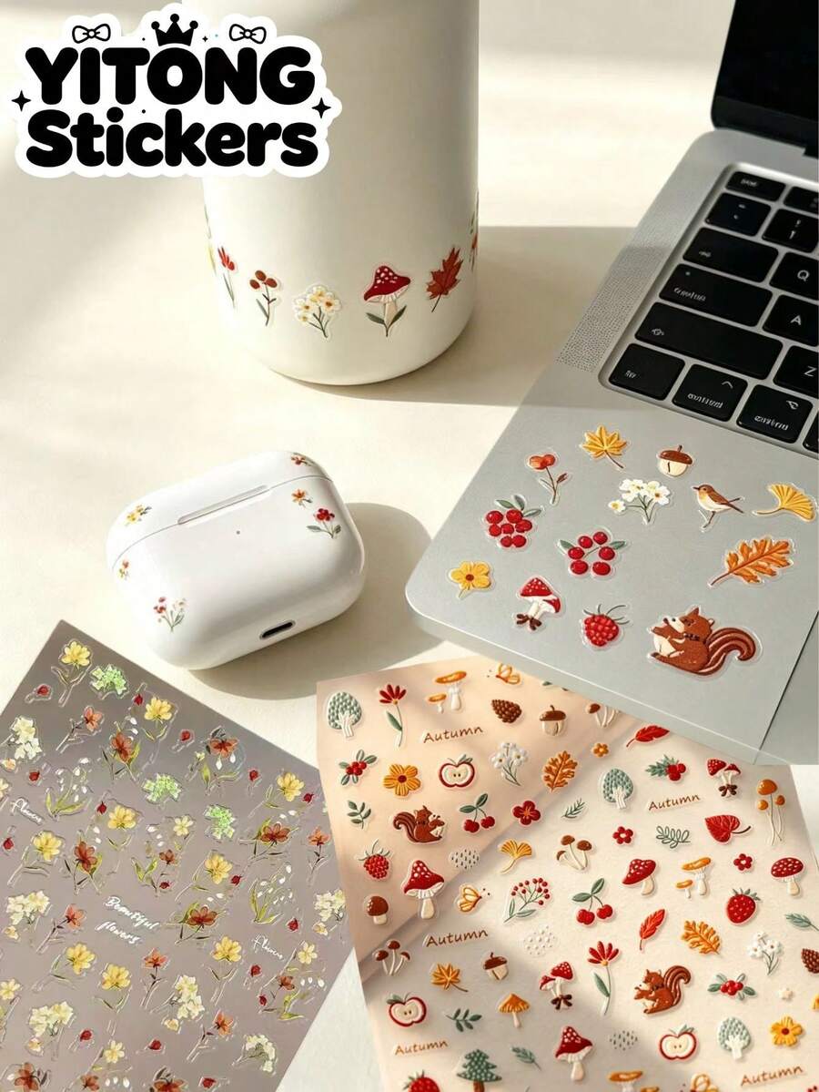 2 Peças Adesivos de Esquilo da Floresta de Outono, Folha de Bordo e Cogumelo, Adesivos à Prova d'Água de Frutas Silvestres & Flores para Laptop, Estojo de Fone de Ouvido, Garrafa de Água, Material Decorativo de Papel para Produto Digital Adulto Estilo Curativo, Idade Adequada 18+ - Esquilo estilo floresta - Visão 1