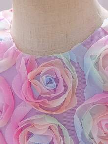 Baby Girls Round Neck 3D Flower Colorful Rose Purple Tulle Cute Birthday Party Princess Dress, Free Headband - Purple - View 9
