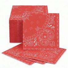 20张/40张/60张/套 西部风格佩斯利花纹纸巾，带流苏边，一次性派对用品，适用于牛仔主题生日、婚礼、牛仔竞技派对装饰（棕色/红色） - 彩色 - 查看 7