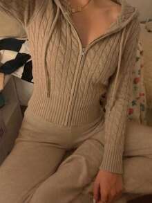 Women's Casual Cute Y2K Cable Knit Zip-Up Hooded Cardigan Sweater - Khaki - View 5