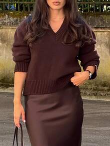 Sweater Rajut Lengan Panjang Leher V Warna Burgundy untuk Wanita, Cocok untuk Dipakai di Musim Gugur/Musim Dingin - Coklat - View 7