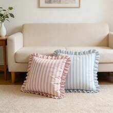1pc Striped Ruffle Pillow Case, Bohemian, Soft Square Decorative Cushion Cover, Country Style Light-Colored Striped Sofa Bed Home Decor, No Inner Core - Blue - View 1