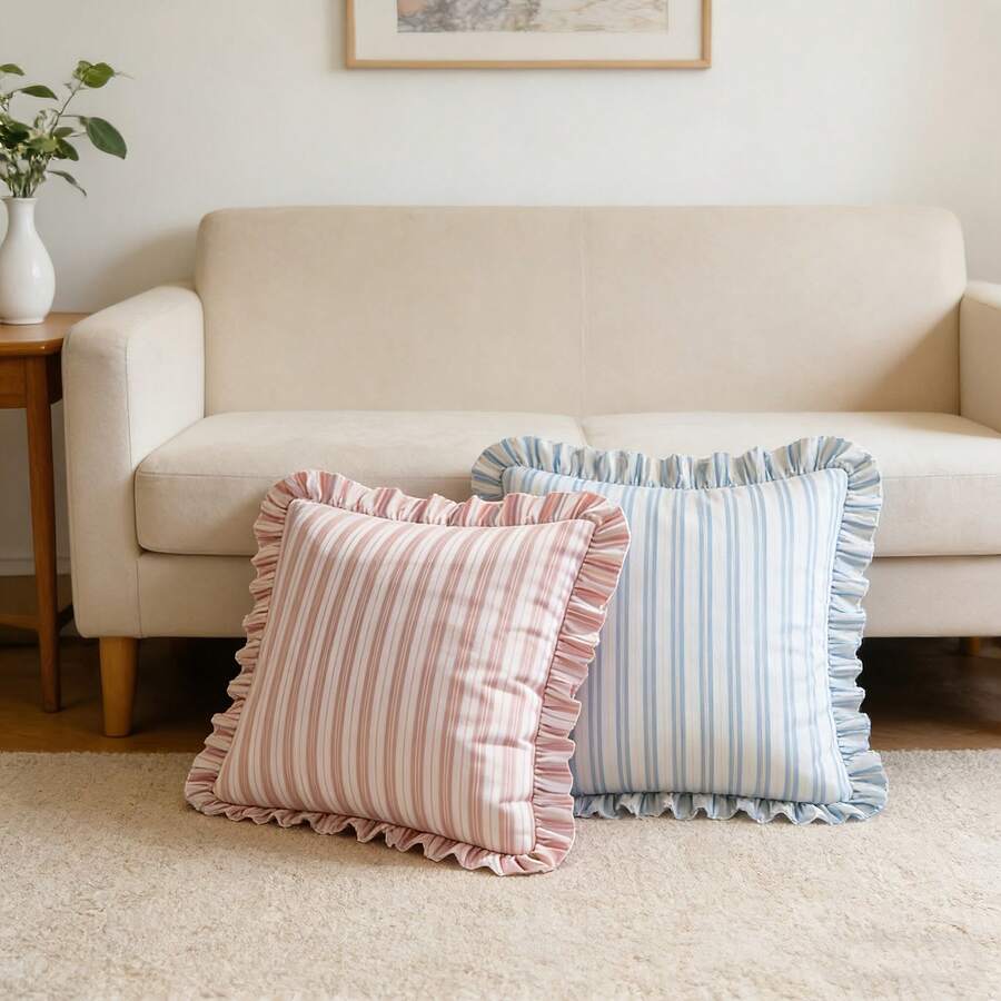 1pc Striped Ruffle Pillow Case, Bohemian, Soft Square Decorative Cushion Cover, Country Style Light-Colored Striped Sofa Bed Home Decor, No Inner Core - Blue - View 1