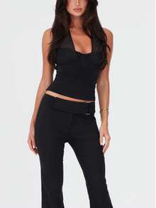 Sleeveless Halter Neck Crop Top For Women, Black Knitted Fabric With Tie Back Design, And Comfortable - Black - View 6