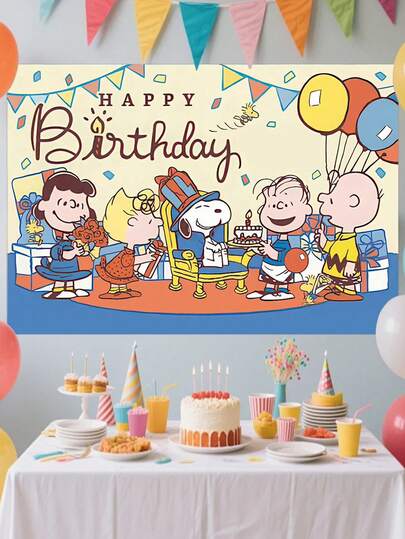 Toile de fond d'anniversaire Snoopy, bannière de fond photo imprimée de dessin animé, décoration murale pour fête d'anniversaire, toile de fond de photographie en tissu réutilisable, convient pour la photographie de célébration intérieure