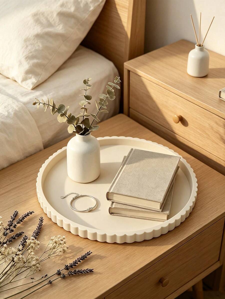 1pc Back‑To‑Season Decor Storage Tray In Wavy Square & Round Shapes, Raised Edge Avoids Sliding Items, Wide Surface Holds Candles, Jewelry & Skincare Containers, Minimal Neutral Tone Matches Vanity, Bedroom And Living Room Decor