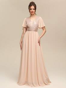 Women's Sequin Patchwork Pleated Elegant Waist Formal Dress Wedding Party - Champagne - View 3