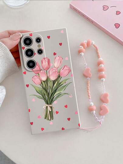1 ốp lưng điện thoại TPU trắng họa tiết ruy băng hoa tulip hồng hình trái tim chống sốc và 1 dây đeo cổ tay hạt hồng hình trái tim, phù hợp cho ốp lưng điện thoại đa năng/ốp lưng điện thoại kèm dây đeo/ốp lưng điện thoại phong cách vui nhộn/ốp lưng điện thoại Apple/ốp lưng điện thoại Android/ốp lưng điện thoại Galaxy