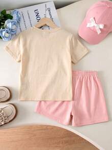 2pcs/Set Girls Toddler Summer Cartoon Pencil Bow Short Sleeve T-Shirt & Solid Color Shorts Casual Daily Outfit - Apricot - View 2