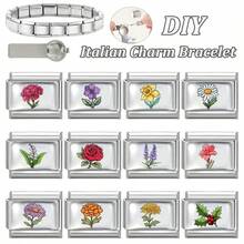 1/5/10/20/30/50pcs 12-Month Flower Series Stainless Steel Flower & Heart Italian Charm Bracelet Accessories, Fashionable Cute Detachable Bracelet Charms For Men & Women - Multicolor - View 1