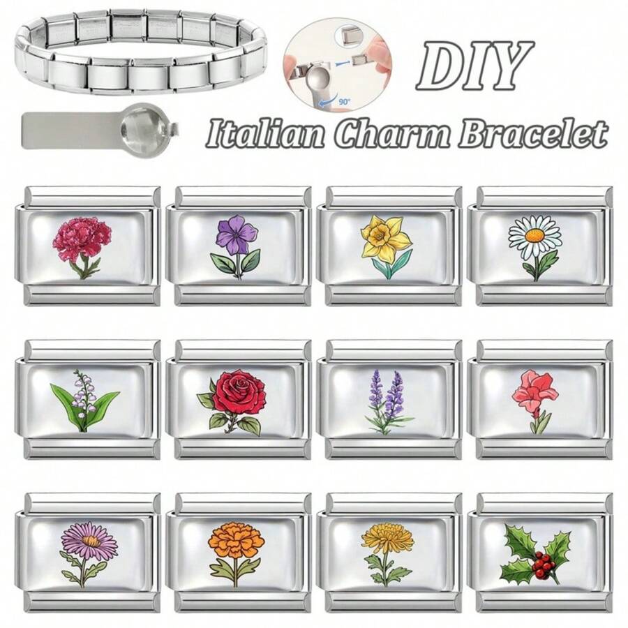1/5/10/20/30/50pcs 12-Month Flower Series Stainless Steel Flower & Heart Italian Charm Bracelet Accessories, Fashionable Cute Detachable Bracelet Charms For Men & Women - Multicolor - View 1