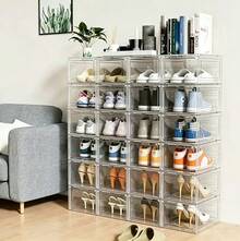 Scatole per Scarpe - Armadio Pieghevole per Scarpe con Porte Trasparenti - Scaffale per Scarpe in Plastica Impilabile e Salvaspazio per Sneakers fino alla Taglia 46, Non Richiede Installazione - Bianco - 6 livelli - Visualizzare 3