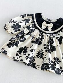Miniweenns 1pc Girls' Outdoor Casual All-Over Print Dress, Black Lace Pearl Collar Bowknot Stylish Dress, Spring/Autumn - Black and White - View 11