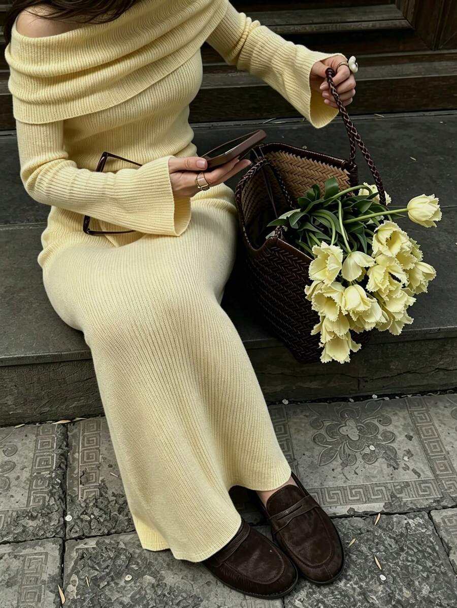 Elegant Yellow Off Shoulder Flare Sleeve Knit Maxi Dress For Women, Slit Hem Long Knit Outfit Suitable For Summer Autumn Dating & Daily Occasions - Yellow - View 1