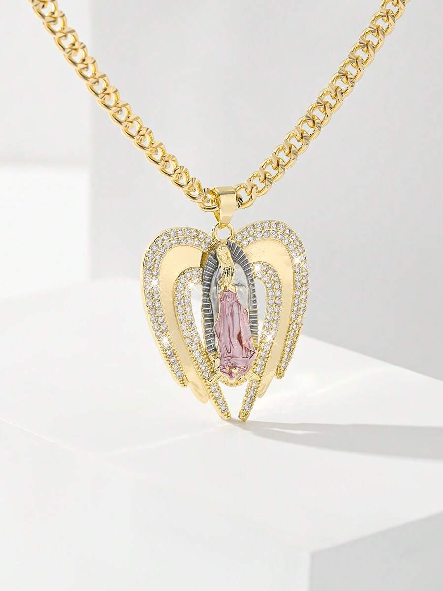 1PC Women's Pendant, 14K Gold Plated Copper Material Inlaid With Zirconia, Double Layer Heart Wing Pink Cloak Virgin Mary Pendant Design Paired With Cuban Chain, Suitable For Daily Commute, Dating, Church Worship, Birthday, Valentine's Day, Christmas, Easter, New Year Gift, Women's Heart Religious Accessory