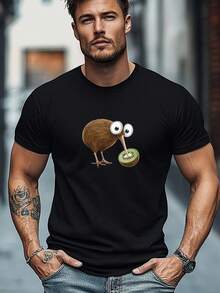 Übergrößen-Herren-T-Shirt, einfach und stilvoll, entspannt und lässig, mit Kiwi-Muster und einem skurrilen Vogel für die Sommerfreizeit, kurzärmelig und mit Rundhalsausschnitt, Übergröße. - Schwarz - Übersicht 1