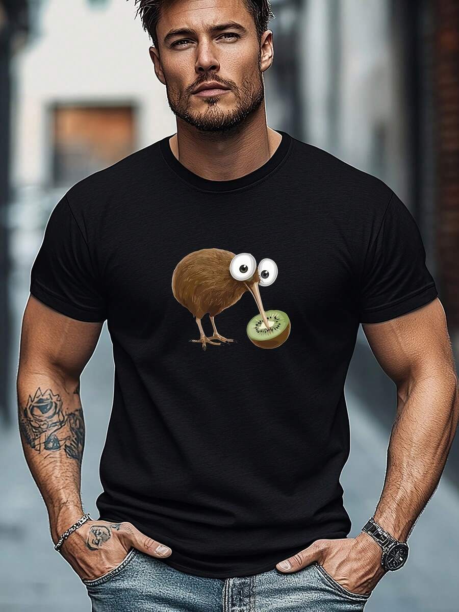 Übergrößen-Herren-T-Shirt, einfach und stilvoll, entspannt und lässig, mit Kiwi-Muster und einem skurrilen Vogel für die Sommerfreizeit, kurzärmelig und mit Rundhalsausschnitt, Übergröße. - Schwarz - Übersicht 1