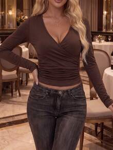Casual Versatile Solid Color Ruched Wrap Fitted Top - Brown - View 5