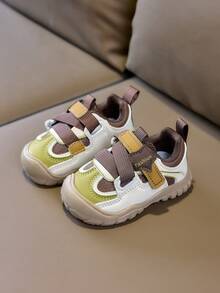 1 Pair Vintage Colorblock Baby Casual Shoes, Hook And Loop Anti-Collision Toe Cap Soft Sole Walking Sports Shoes - Khaki - View 1