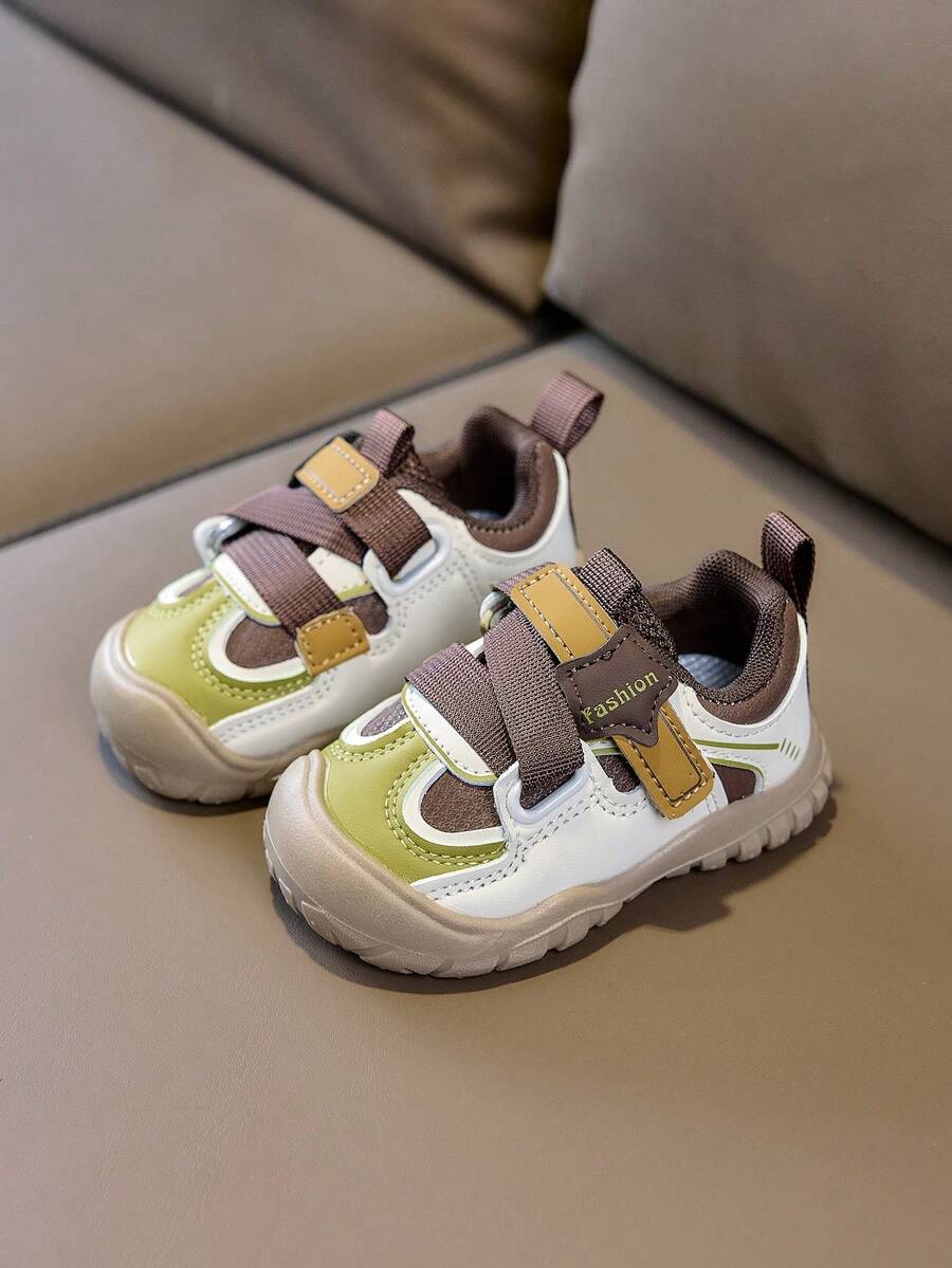1 Pair Vintage Colorblock Baby Casual Shoes, Hook And Loop Anti-Collision Toe Cap Soft Sole Walking Sports Shoes - Khaki - View 1