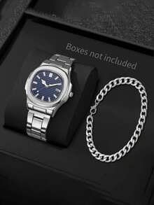 2pcs/Set Men's Square Steel Band Watch, Minimalist Fashion Men's Wristwatch, Premium Quartz Watch Set - Silver - View 3