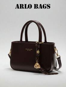 Women's Solid Handbag, Gold Letter Print Front With Braided Rope Dog Ornament Accessory, Lightweight Carry Bag For Cafe Shopping Weekend Strolls - Brown - View 6