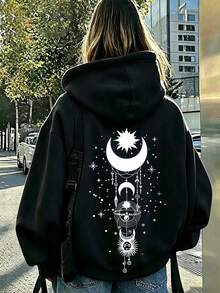 Sweatshirt Hoodie Kasual Ukuran Besar untuk Musim Gugur/Dingin, Pakaian Musim Gugur/Dingin yang Sempurna untuk Anak Perempuan, Warna Hitam untuk Liburan - Hitam - View 1