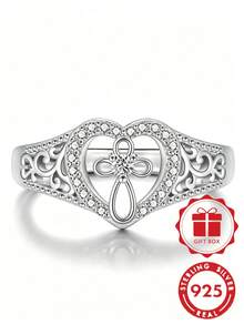 1 pièce Bague femme en argent sterling 925 avec cœur et croix incrustés de zircone cubique, bijoux pour femme, à porter au quotidien, cadeau pour la Saint-Valentin, Noël, avec boîte cadeau - Argent - Voir 1