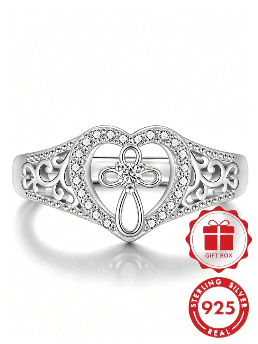 1 pièce Bague femme en argent sterling 925 avec cœur et croix incrustés de zircone cubique, bijoux pour femme, à porter au quotidien, cadeau pour la Saint-Valentin, Noël, avec boîte cadeau - Argent - Voir 1