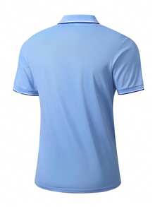 Men's Summer Solid Color Short Sleeve Casual Commute Button Collar Polo Shirt, Suitable For Golf, Light Blue Polo Shirt - Baby Blue - View 2
