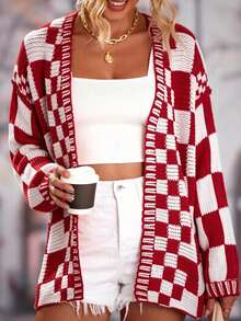 Women's Drop Shoulder Long Sleeve Open Front Mixed Color Plaid Knit Cardigan - Red and White - View 2