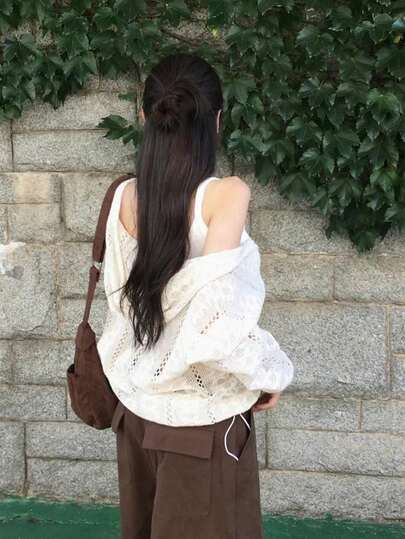 Jaket Rajut Longgar Berkerudung dengan Resleting dan Lubang Berongga Gaya Korea Musim Semi/Panas untuk Wanita