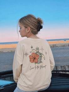 1pc Girls Casual Long Sleeve Top, Island Turtle Hibiscus Live In The Moment Letter Print Round Neck Loose Pullover, Spring Autumn Children's Clothing - Apricot - View 1