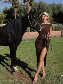 Sexy Solid Color High Slit Dress For Summer - Coffee Brown - View 5