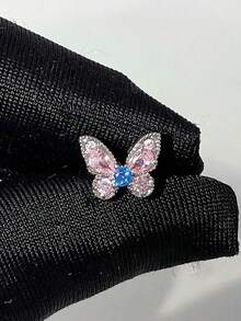 1pc New Fairy-Style Pink & White Butterfly Cartilage Ear Stud, Exquisite & Dynamic Niche Design, Rhinestone-Embellished Fashion Versatile Ear Cuff For Women - Multicolor - View 4