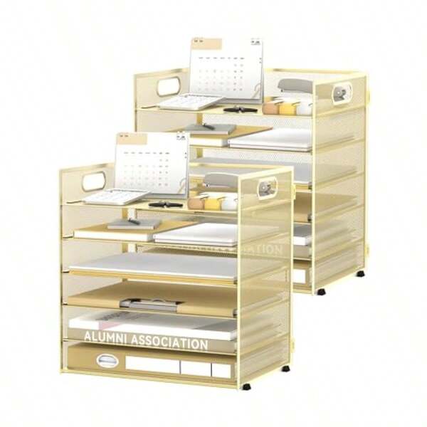 6 Tier Paper Organizer For Desk, Paper Letter Tray Organizer For Desks, Mesh Desk File Organizers With Handle For Office, Home, School, Gold, 2 Pack