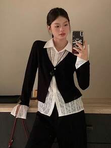 Korean Style Fashion 2 In 1 Black Shirt Collar Design Long Sleeve Top, Preppy Layered Versatile T-Shirt - Black - View 5