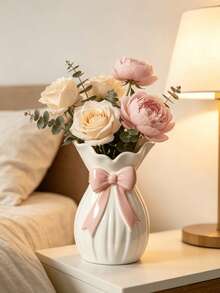 1pc White Vase, Elegant Bow Design, Creative Home Decor Vase, Modern Tabletop Centerpiece, Soft Color Ribbon Detail, Living Room Bedroom Bathroom Shelf Decoration, Desktop Ornament, Housewarming Gift Idea - 1PC - View 7