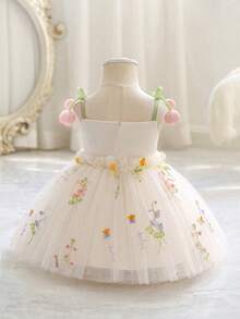 女嬰 3D 花朵刺繡公主洋裝，細肩帶洋裝，適合兒童生日、花童、婚禮、萬聖節及其他節日慶祝 - 香檳色 - 查看 3