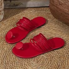 Women's Multi-Strap Decorated Round Toe Thong Element Solid Color Smooth Pattern Square Toe Slip-On Flat Slide Sandals, Luxury Style, Summer Daily, Red PU Material - Red - View 5