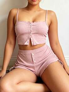 Conjunto de pijama de camiseta de tirantes y pantalones cortos con cordón para mujer, adecuado para primavera, verano y otoño - Rosa - Ver 5