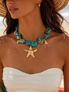1pc Bohemian Style Ocean Vacation Gold Starfish Shell Multi-Pendant Women's Necklace, Suitable For Women's Beach Vacation, Party, Casual Wear, Multi-Functional Women's Jewelry - Durable All-Year Gift, Necklace Charm, Ocean Theme Jewelry, Stable Color Beads, Holiday Gift - Multicolor - View 2