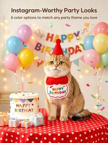 2pcs Cute Pet Birthday Party Set, Embroidered Bib And Adjustable Pom Pom Cone Hat, Pet Photography Props Accessories, Suitable For Small And Medium Cats And Dogs, 6 Colors Available, Cat And Dog Birthday Decoration Supplies - Multicolor - View 4