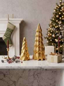 Modern Minimalist Luxury Matte Gold Christmas Tree Statue - Pine Cone And Pleated Countertop Decor, Holiday And Home Gift - A Pair Of Golden Christmas Trees - View 9