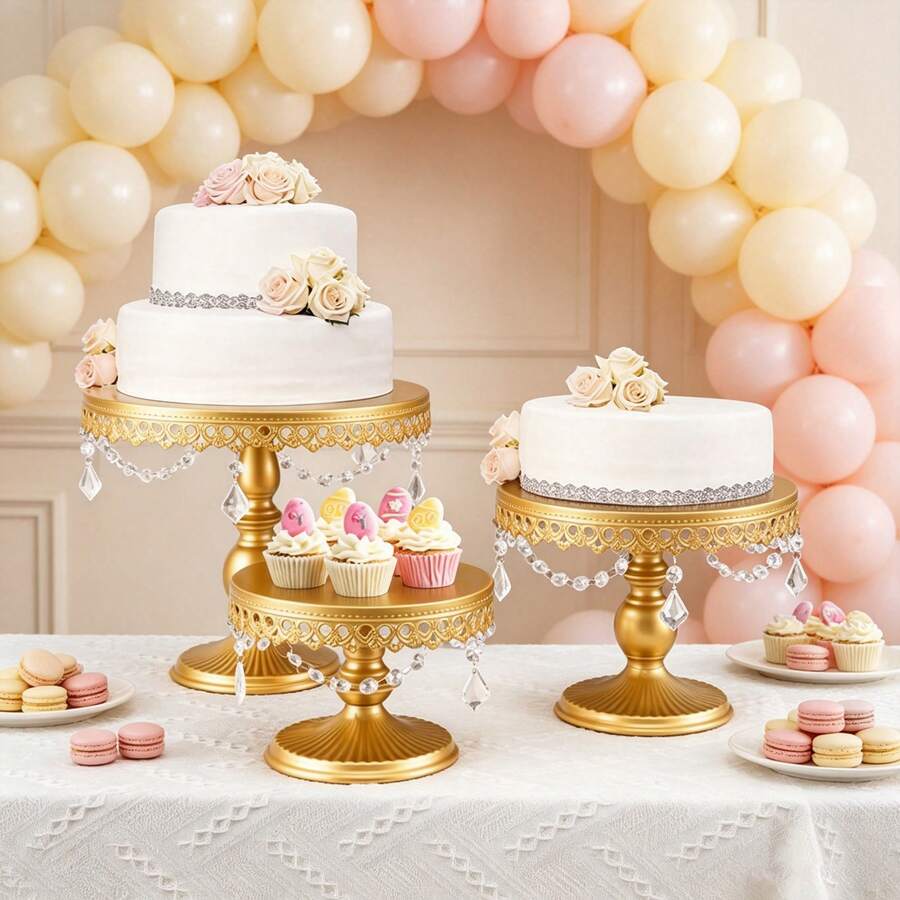 3Pcs Antique Cake Stand Set - Round Metal Cupcake Stands With Pendants And Beads - Elegant Dessert Display, For For Wedding, Birthday Party Decor, Gold/Champagne/Cream White,Holiday Decor,Christmas Gifts - 金色 - 查看 1